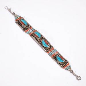 Bracelet en pierre précieuse Lapis de corail turquoises naturelles, Bracelet Antique en argent tibétain, bijou allemand, - Product Image 1