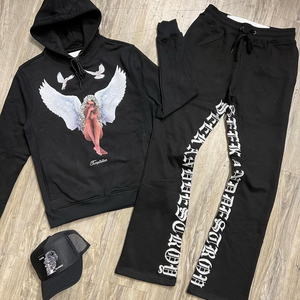 Venta al por mayor 100% algodón logotipo personalizado pantalones de chándal y Sudadera con capucha conjunto Unisex chándal acampanado para los hombres de talla grande ropa de invierno - Product Image 4