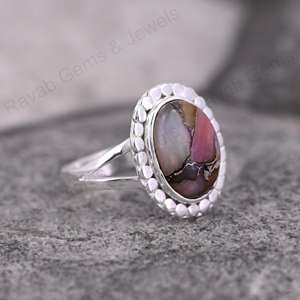 Bague en argent 925 fait à la main avec lunette de designer Mohave rose opale cuivre Cabochon pierre précieuse 10x14mm solide plaqué rhodium bijoux fins - Product Image 5