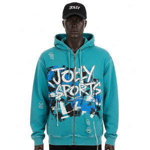 Sweat à capuche zippé en polaire épaisse de haute qualité, bleu sarcelle, imprimé graphique moderne sur la poitrine, logo personnalisé, confortable, décontracté, vêtements de sport basiques, sweat à capuche zippé - Product Image 1