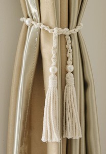 Sujetadores de cortinas de macramé, cuerda de algodón natural bohemia tejida a mano, sujetadores de cortinas con perlas - Product Image 1