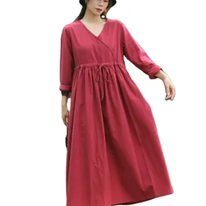 Wholesale Summer Women Elegant 100% Linen Three Quarter Sleeves Oversize Maxi Dress