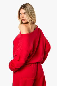 เสื้อสเวตเชิ้ตผ้าฝ้ายคอวีแบบมีรอยดิบ แขนยาว ทรงหลวม สไตล์สตรีทแวร์สำหรับฤดูหนาว สีแดง  รับสกรีนโลโก้ตามสั่ง - Product Image 6