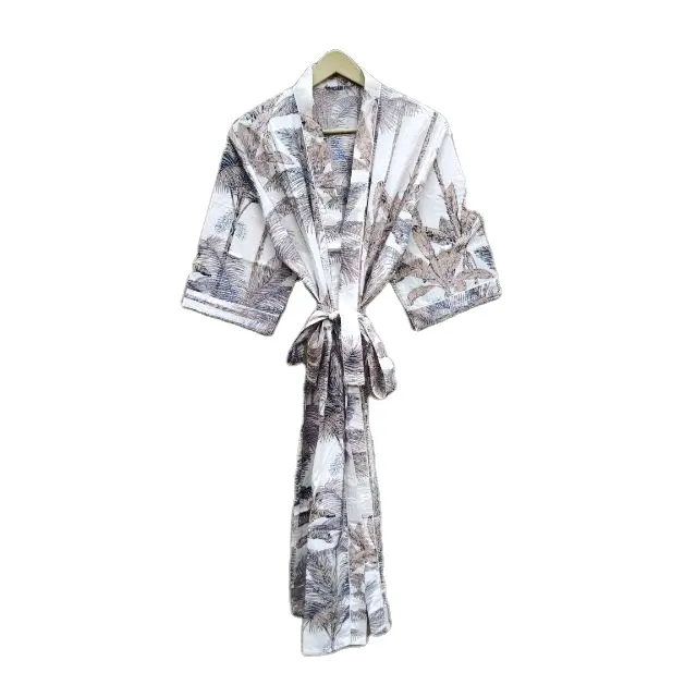 Хлопковое платье-кимоно с принтом для женщин, Короткое Кимоно, халат из 100% хлопка, мягкое кимоно, платье с пальмовым принтом