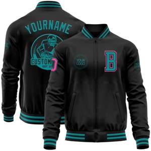 OEM fabricación personalizada Todo Negro verde azulado-Rosa Bomber Varsity Letterman chaqueta con cremallera - Product Image 1