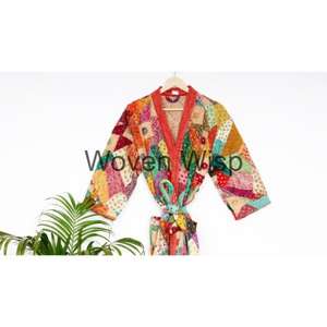 Manteaux Kimono d'hiver pour femmes et hommes Veste en satin tricoté rempli de coton à col en V avec poche décorative imprimée Longue longueur - Product Image 5