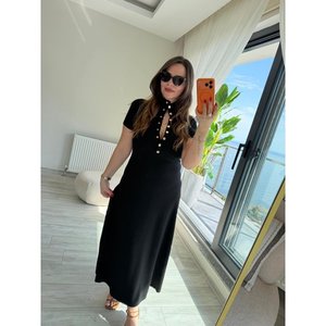 Robe longue en modal à manches courtes pour femme avec détails boutonnés sur les deux côtés, 37293 - Noir - Product Image 5