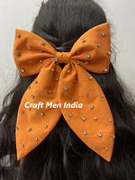 Grosir busur rambut bordir manik-manik katun desain kustom untuk anak perempuan gaya Sporty dengan busur batu manik-manik buatan tangan