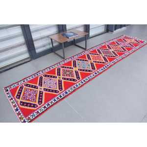 3x12.1 ft Turkish Herki Rug, Vintage Rug, <b>Red</b> Plants & trees <b>Wool</b> Rug - Product Image 2