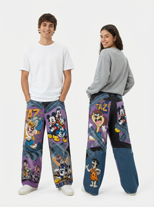 Regular Fitted Unisex Graphic Print Patchwork Denim Pants Wide Leg Streetwear Cartoon Style Casual Fashion Denim Trousers Women - Product Image 6