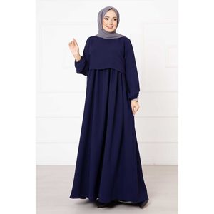Vestido Hijab Estilo Bolero Azul Marino para Mujer, Tela Crepé Simple, Cintura Imperio, Corte en A, Transpirable, Cuello Alto - Product Image 3
