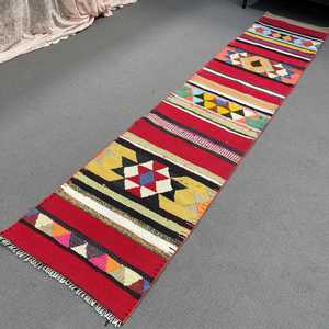 Turkish Vintage Patchwork Rug Eco Friendly Latex Backing 2.2x10.6 ft <b>Red</b> Blue <b>Wool</b> Rug - Product Image 4