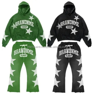 Chándal unisex de algodón acampanado con piedras, venta al por mayor, pantalones de chándal para correr, Conjunto de sudadera con capucha, lavado ácido desteñido al sol, chándal para hombre desgastado - Product Image 4