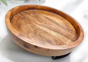 Bandeja redonda de madera para servir, mesa de té y café, bandeja decorativa, platos de almacenamiento de alimentos, bandeja hecha a mano - Product Image 6