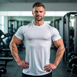 Musculation entraînement à manches courtes t-shirt hommes de haute qualité col rond Fitness t-shirt hommes 100% Polyester Muscle Fit t-shirt - Product Image 4