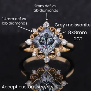 Anillo de compromiso vintage con moissanita gris corte princesa, oro amarillo de 10k/14k, plata, diseño floral en racimo, al por mayor - Product Image 2