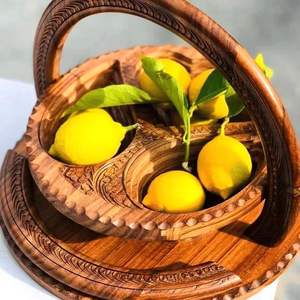 Combohome Élégant panier de fruits en bois fabriqué à la main avec poignée Panier pliable décoratif sculpté avec un style floral - Product Image 5
