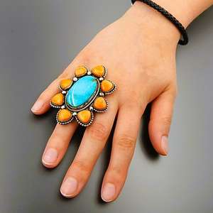 Turquoise Spiny Oyster Sterling Silver Huge Cluster Ring Natural Gemstone Trendy Women's Gift for Wedding Birthday Anniversary - Product Image 2