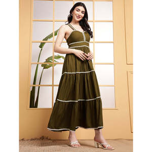 DEEBACO Vestido de Rayón Liso Color Oliva para Mujer, con Escote Corazón, Sin Mangas, Corte Ajustado y Evase, Largo Maxi, para Fiesta, Casual, Estilo Western - Product Image 5