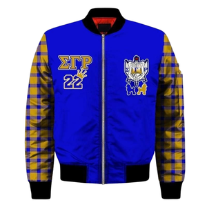 Chaqueta Universitaria de Satén SGRho Sigma Gamma Rho Azul Dorado 1922 Bordada, Chaqueta Bomber para Mujer de la Hermandad Griega - Product Image 1