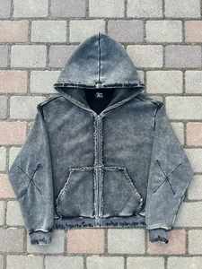 Sweat à capuche zippé pour homme, 100% coton, imprimé hiver, surdimensionné, délavé à l'acide, brodé, coupe ample, épaules tombantes, coupe courte, poids lourd - Product Image 6