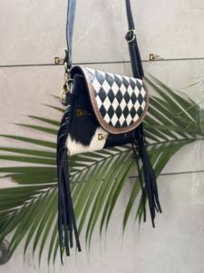 Nuevo Bolso de Cuero con Flecos, Estilo Bohemio Gitano Occidental, Hecho a Mano con Piel de Vaca, con Diseño de Cuadros de Diseñador - Product Image 3