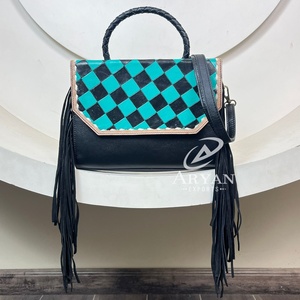 Exclusive Checkered Board Design Genuine Tooled Cowhide Leather Crossbody <b>Handbag</b> for Women Featuring Western Style Fringe Bag - Product Image 1