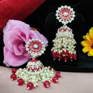 Kundan Stones jhumkas ชุดกรอบโลหะชุบทองหรูหรารายละเอียดงาน meenakari สำหรับทุกโอกาสต่างหู kundan ที่สง่างาม - Product Image 1