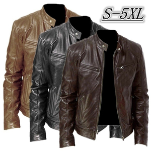 Men's Wholesale Breathable Eco-Friendly PU <b>Leather</b> <b>Jacket</b> with <b>Long</b> Sleeves Stand Collar Canvas Fabric OEM <b>jacket</b> for men - Product Image 2