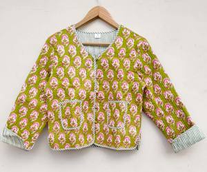 Crop Cotton <b>Quilted</b> Jacket Floral Boho Style Front Open Stripe Coats <b>Double</b> Side Wear Crop Top for Autumn Spring Flower - Product Image 4