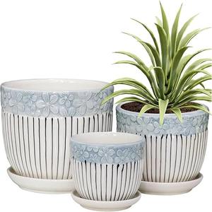 Lot de 3 pots de fleurs en céramique texturée avec soucoupe Mignon jardinière succulente d'intérieur et de jardin pour la maison - Product Image 1