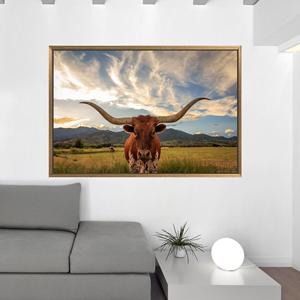 Toile d'art artisanale avec motif de vache Longhorn - Design imprimé, décoration élégante, 1P : encadré or - Product Image 1