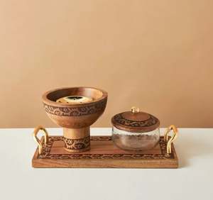 Quemador de incienso de diseño grabado con láser de lujo de madera Bakhoor Mubakhara con bandeja y caja para el hogar y la Mezquita - Product Image 1