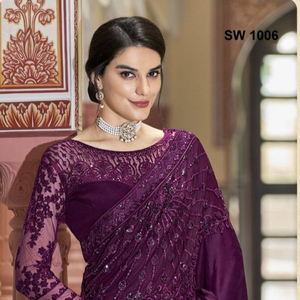 Saree de créateur en soie Design exclusif dernière Collection avec broderie travail lourd vêtements de fête de mariée ethnique - Product Image 1