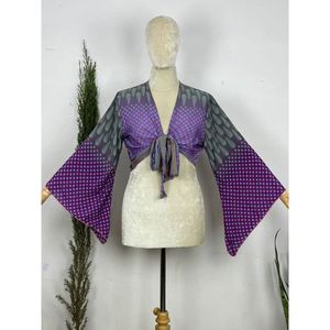 Bohemian Hippie Wrap <b>Top</b> with Long Bell Sleeves & Front Tie Colorful Paisley Flower Pattern <b>Festival</b> Boho Fairy Goddess Style - Product Image 1