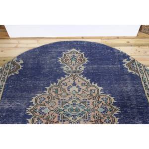Alfombra Turca, Alfombra Redonda Vintage de 5.9x5.9 pies, Alfombra Geométrica Azul Beige - Product Image 4
