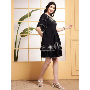 DEEBACO Women's Solid Black Woven Rayon Knee-Length One Shoulder Asymmetric Tiered Embroidered Washable Stylish One Piece <b>Dress</b> - Product Image 5