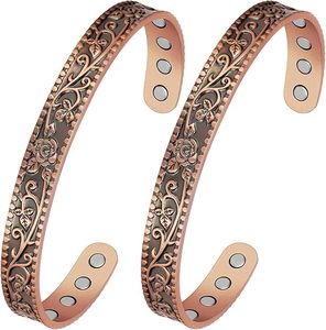 Fleur Vintage 2pcs pur cuivre magnétique réglable bracelets de manchette à la mode pour femmes bijoux pour femmes - Product Image 1