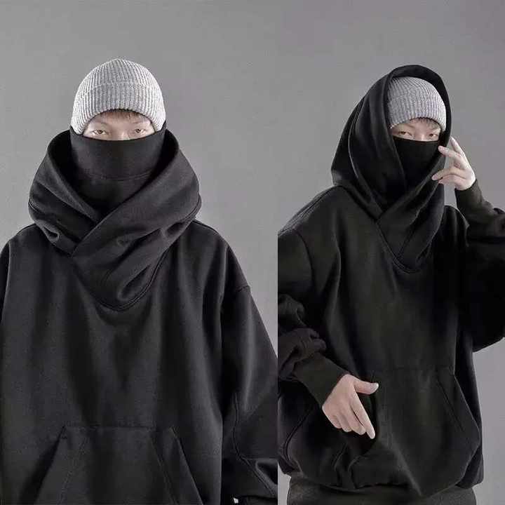 Embroidery Turtleneck Hoodie for Men Japanese Ninja Hoodies Autumn Hip Hop Fleece Pocket Man Hoodi Streetwear Oversized Y2K