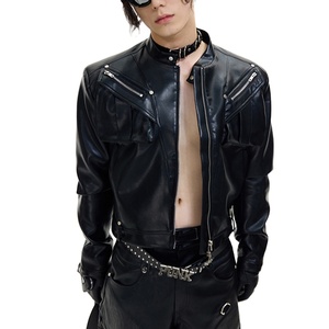 OEM Wholesale Custom Embroidery Logo Black <b>Real</b> <b>Leather</b> <b>Jacket</b> Plain Black Fit Zipper <b>Leather</b> <b>Jacket</b> With Four Pockets - Product Image 1