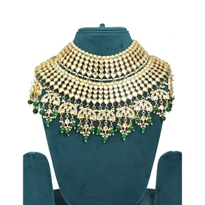 Juego de Collar de Novia de Acero Inoxidable con Perlas Verdes Chapadas en Oro y Kundan, Joyería Fina con Circonita para Boda - Product Image 3