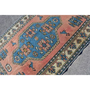 Alfombra Kilim turca Vintage 5,2 X 7.2ft Rectángulo clásico Azul Naranja Diseño de retazos Material de lana Látex Técnica de tejido plano - Product Image 5