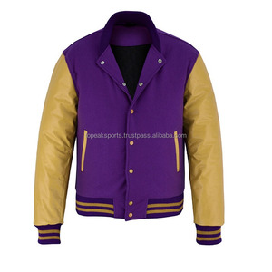 2026 OEM Most Selling Purple <b>Wool</b> With <b>Yellow</b> Leather Sleeves Varsity Jacket For Men's High Quality Low MOQ Heated Winter Jacket - Product Image 4
