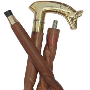 Bâton de marche en bois vintage de luxe avec manche en laiton doré, canne torsadée, design sculpté sur mesure, cadeau de nouvel an d'artiste d'art populaire - Product Image 3