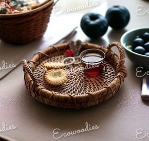 Luxury Art Deco Design Handwoven Rattan <b>Storage</b> Tray Wooden Handle Wicker Basket for Bread Food Fruit Cake Dinner Serving Tray - Product Image 3