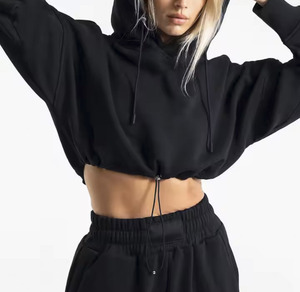 कस्टम पॉलिस्टर/कपास महिलाओं के ड्रॉप कंधे की फसल शीर्ष समायोज्य स्ट्रिंग हम लंबी आस्तीन काले पल्लोवर स्वेटशर्ट महिला - Product Image 4