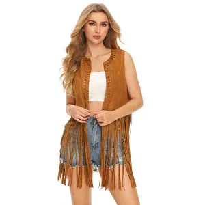Custom Women Faux Suede Ethnic Sleeveless Jacket Long Fringe Tassels 70s Hippie Open Front Cardigan Vintage Cowgirl Waistcoat