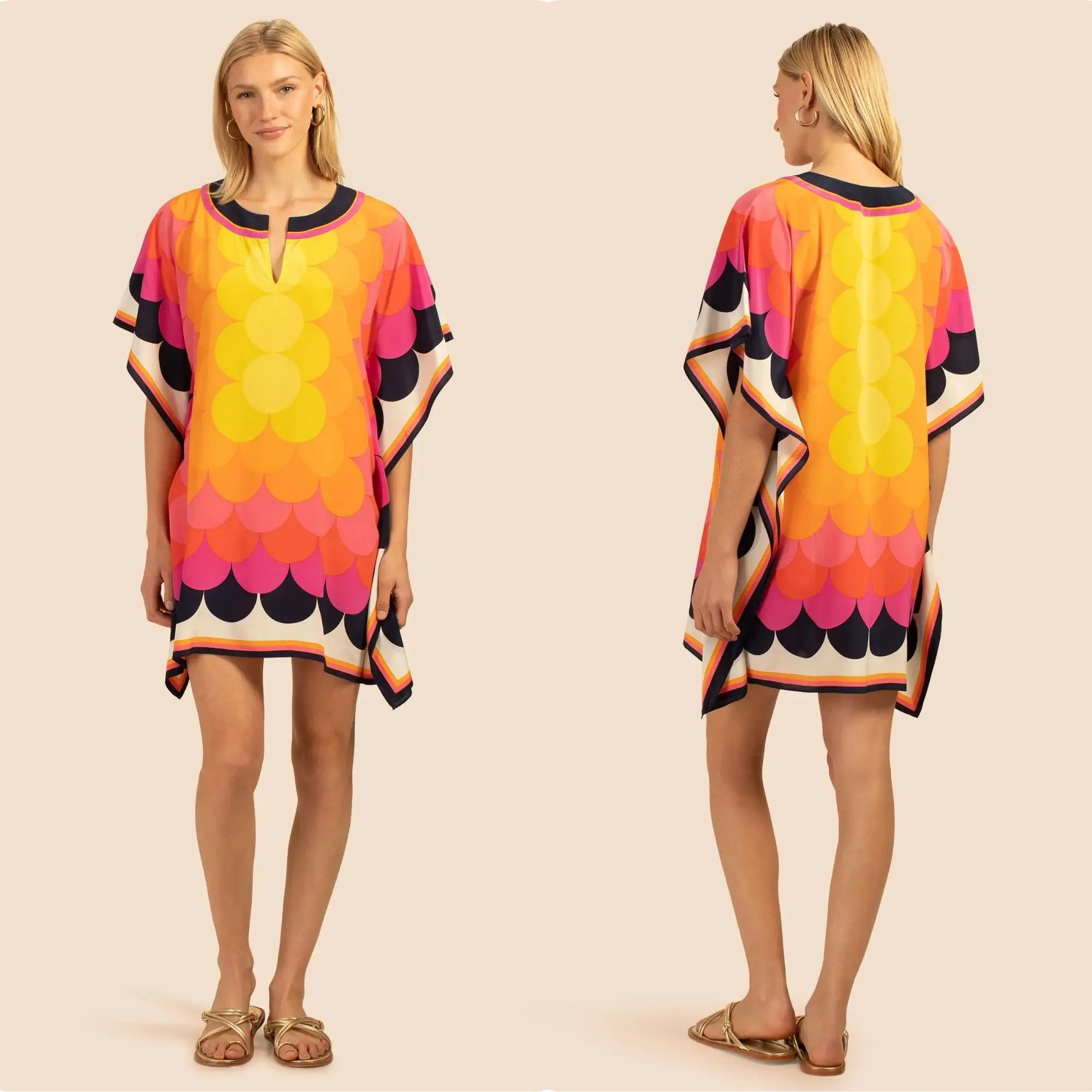 라운지 착용 다채로운 부드러운 실크 크레페 인쇄 짧은 카프 탄 드레스