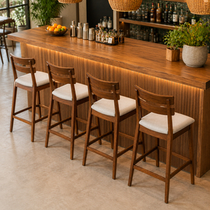 Modern Teak Wood Double Slat <b>Back</b> Bar Chair with Padded Foam Seat and Metal Base for Restaurants Cafs Bars-Commercial Use - Product Image 6