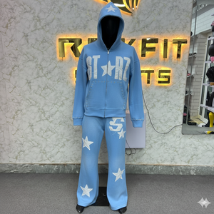 Ensemble de survêtement décontracté pour femme bleu clair avec capuche, fermeture éclair intégrale, imprimé étoiles, coupe ample en coton, sweat-shirt et pantalon, idéal pour l'automne - Product Image 1